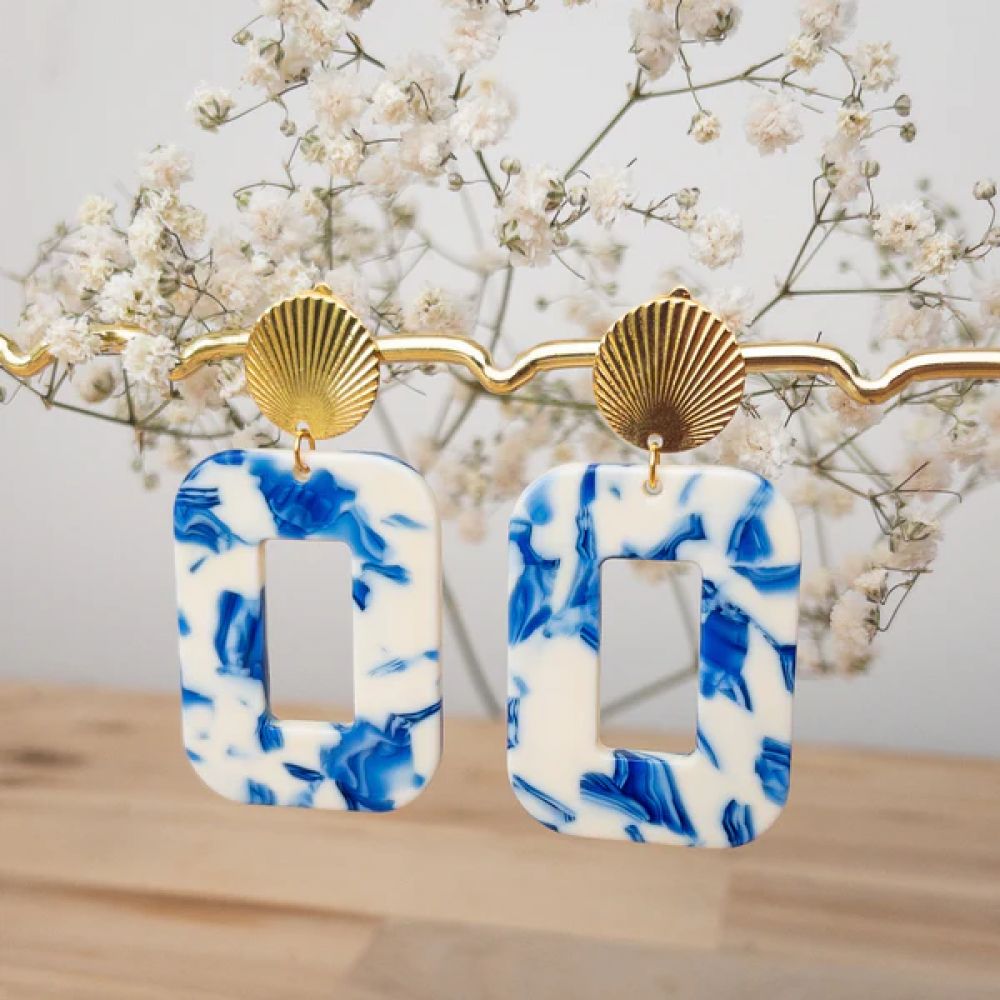 Boucles d'oreilles Clips - Gabrielle - Marbré bleu et blanc