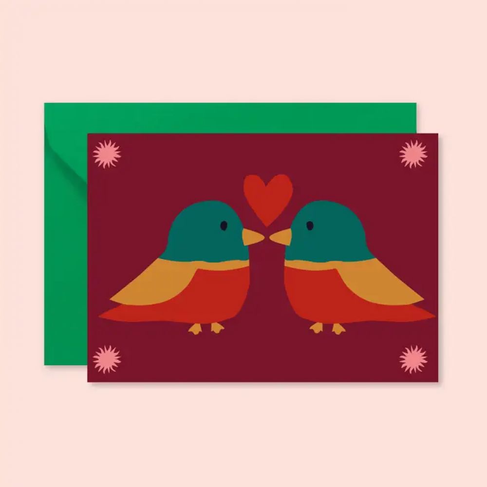 Carte - Deux oiseaux bisous coeur