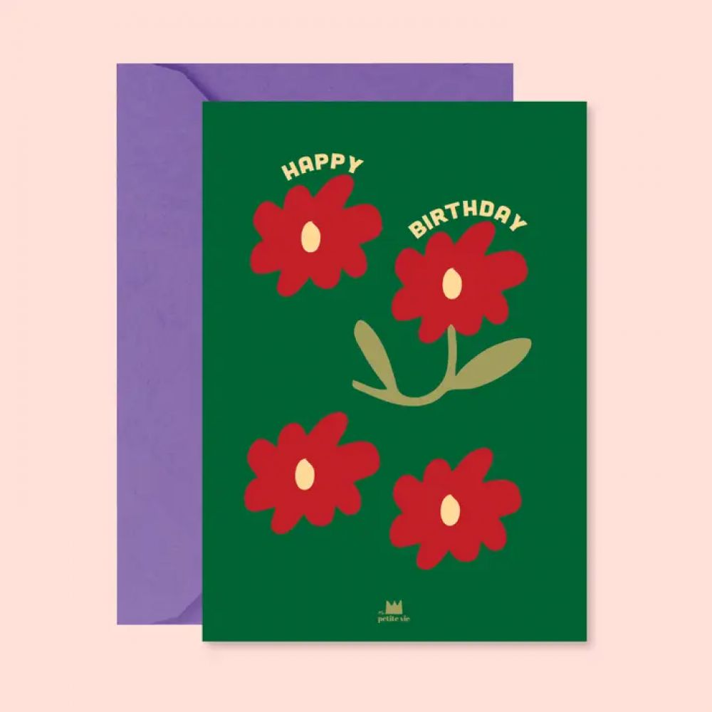 Carte - Happy birthday fleurs rouges