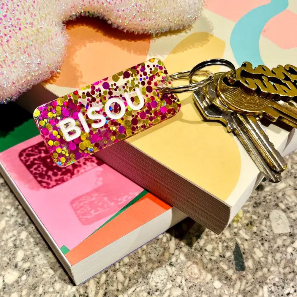 Porte-clés à paillettes - fuchsia or - Bisou
