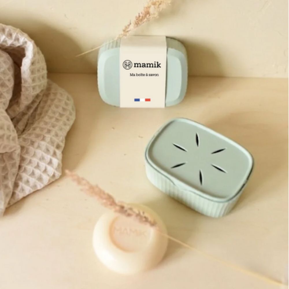 Boite à savon shampoing rectangle Mamik - vert tilleul - porte savon intégré