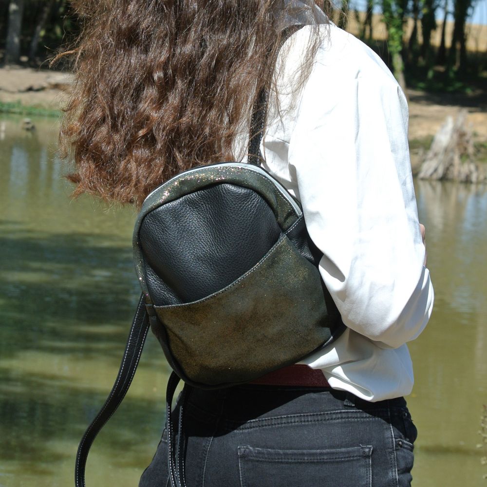 Sac à dos en cuir pailleté - Noir doré