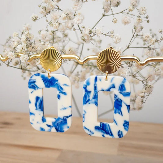 Boucles d'oreilles Clips - Gabrielle - Marbré bleu et blanc