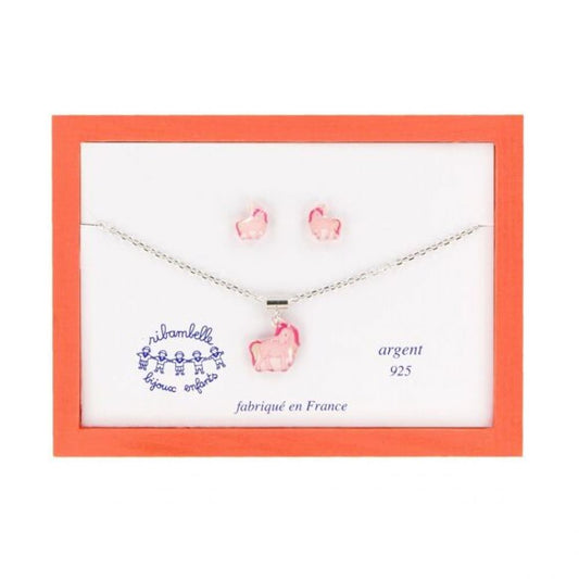 Coffret bijoux enfant - collier et boucles d'oreilles puces argent 925 - licorne