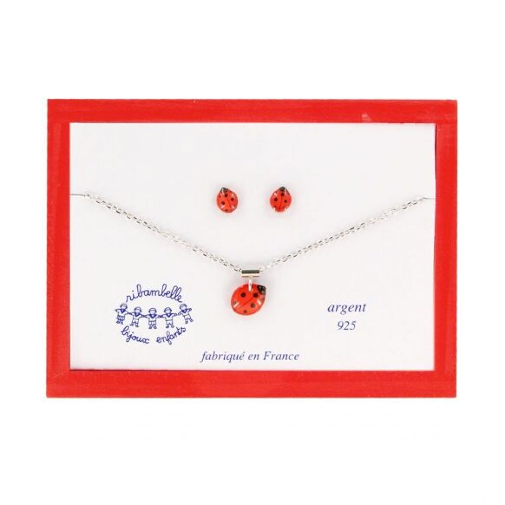 Coffret bijoux enfant - collier et boucles d'oreilles puces argent 925 - coccinelle