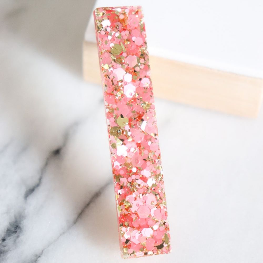 Barrette à cheveux - droite - paillettes rose et or