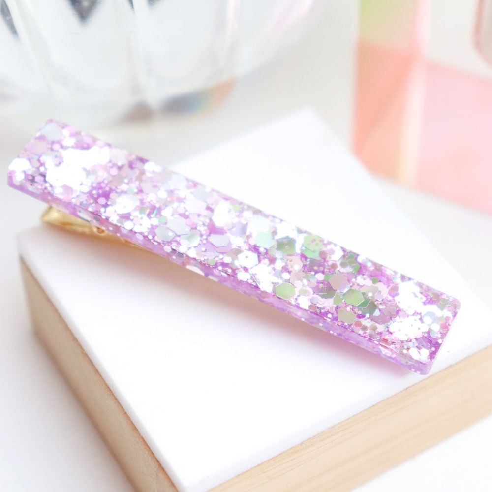Barrette à cheveux - droite - paillettes lilas holographiques