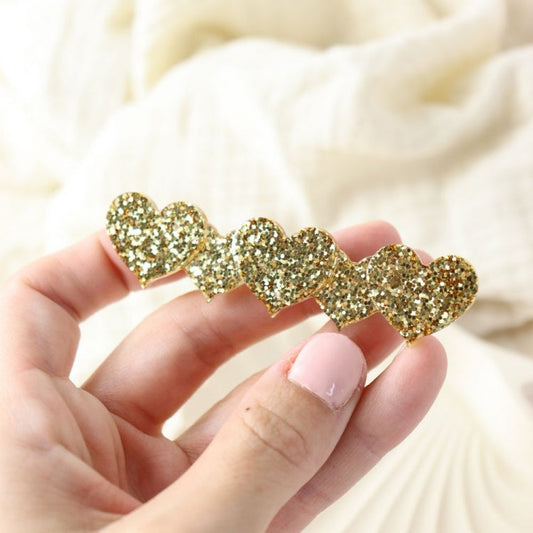 Barrette à cheveux - droite - paillettes 5 coeurs dorés