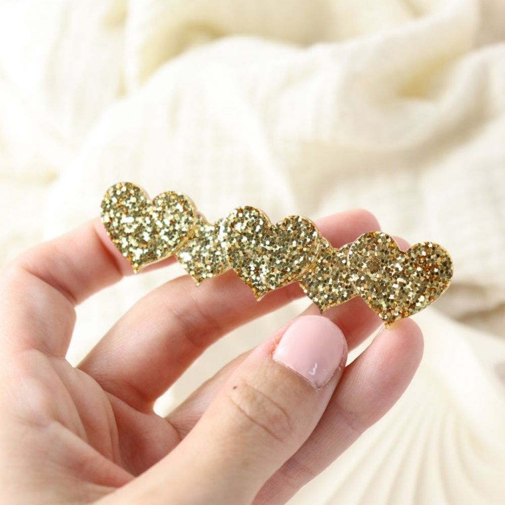 Barrette à cheveux - droite - paillettes 5 coeurs dorés