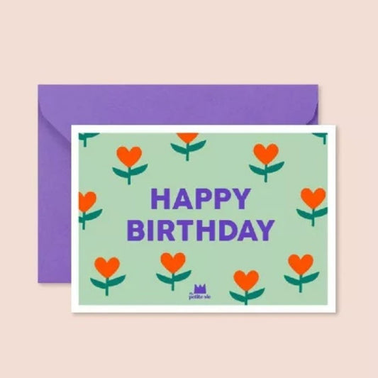 Carte - Happy birthday fleurs en coeurs