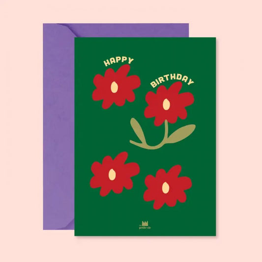 Carte - Happy birthday fleurs rouges