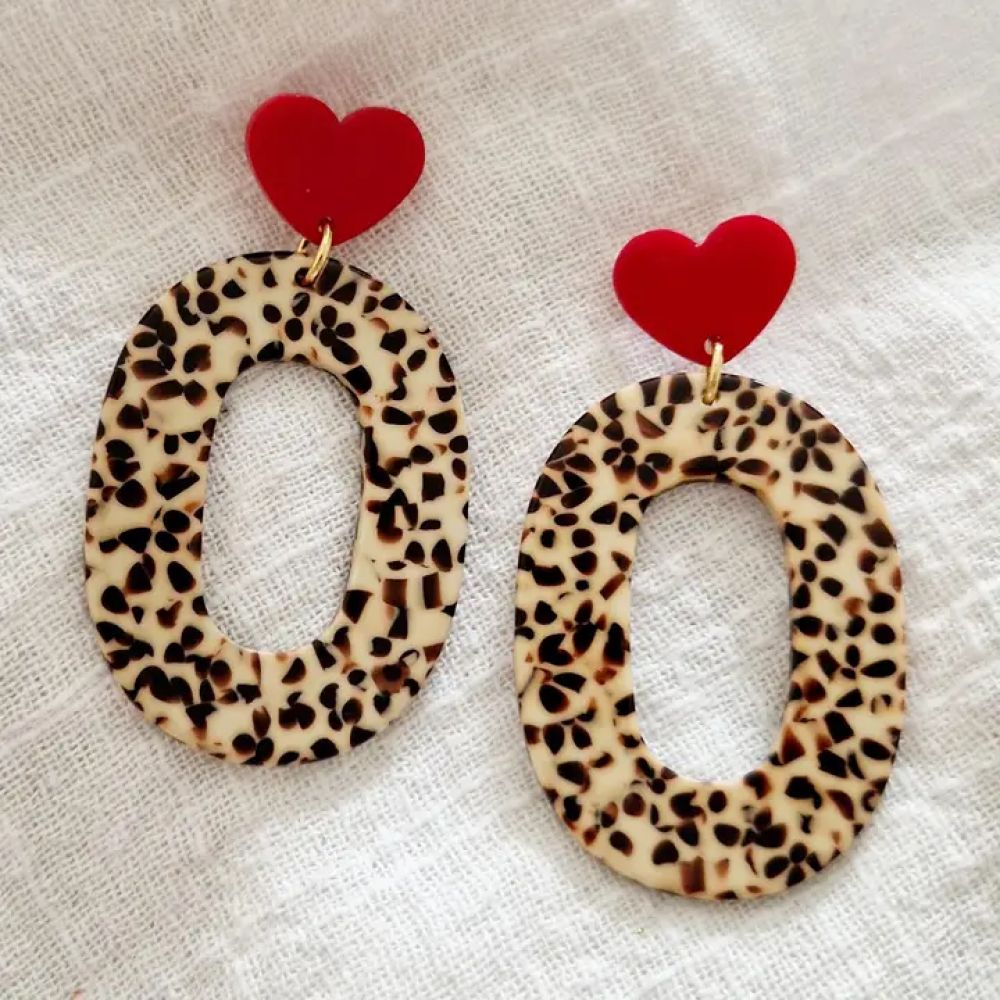 Boucles d'oreilles Ovale - cookie et coeur rouge