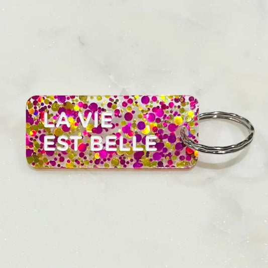 Porte-clés à paillettes - fuchsia or - La vie est belle