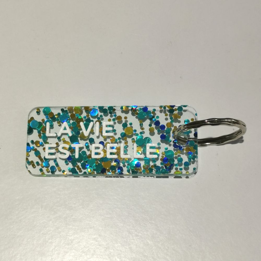 Porte-clés à paillettes - bleu or - La vie est belle