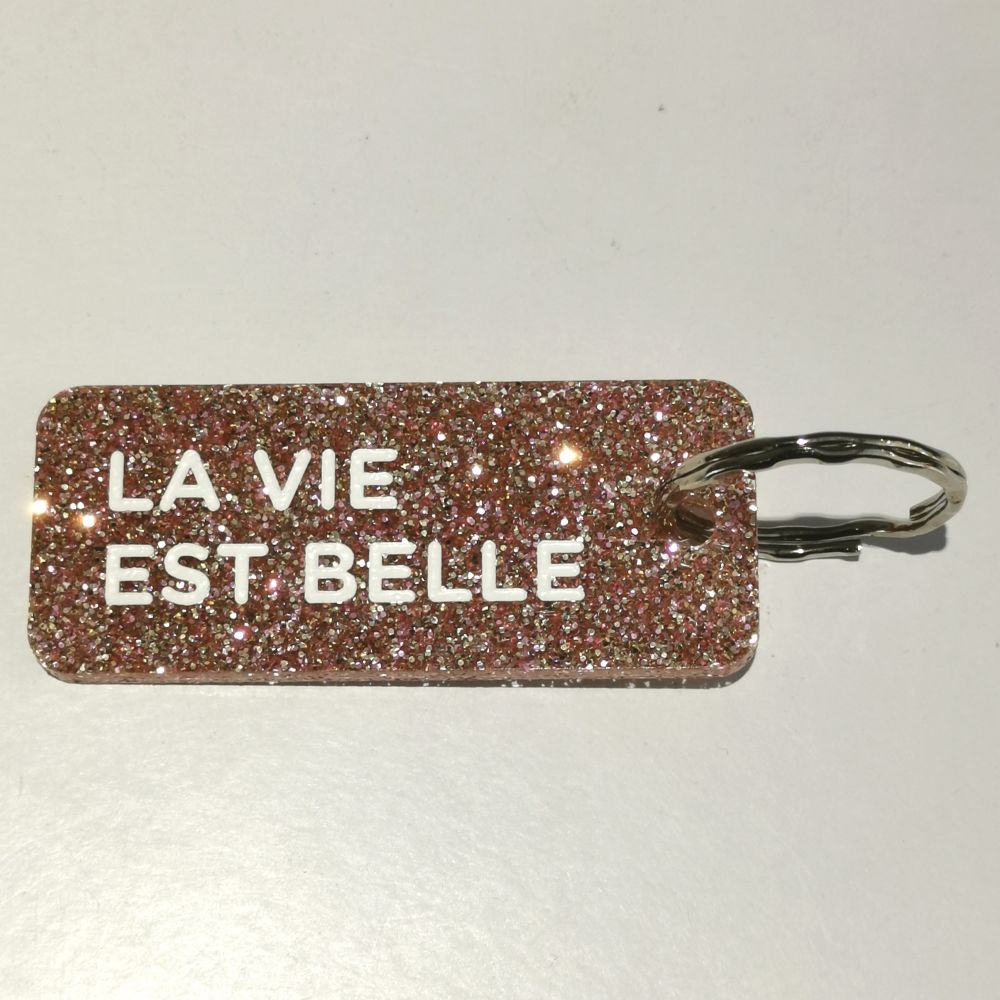 Porte-clés à paillettes - rose - La vie est belle